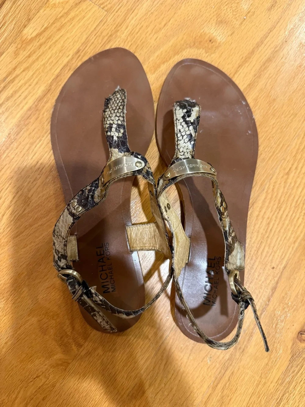 Michael Kors Brown and Snake-Print Leather Thong Sandals with Gold Accents